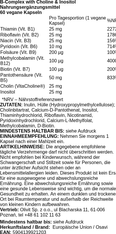 Produktetikett — B-Complex with Choline & Inositol - 60 vegan caps
