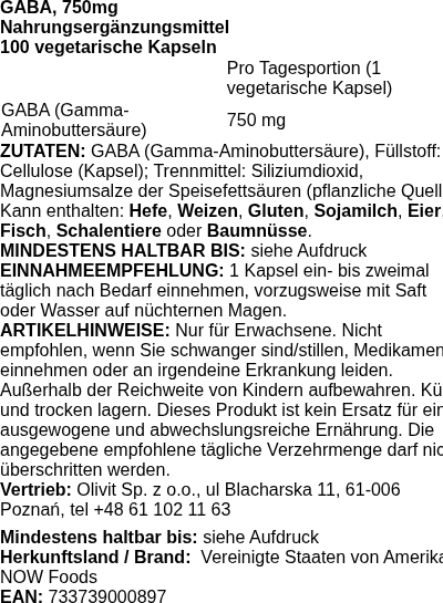 Produktetikett — GABA, 750mg - 100 vcaps