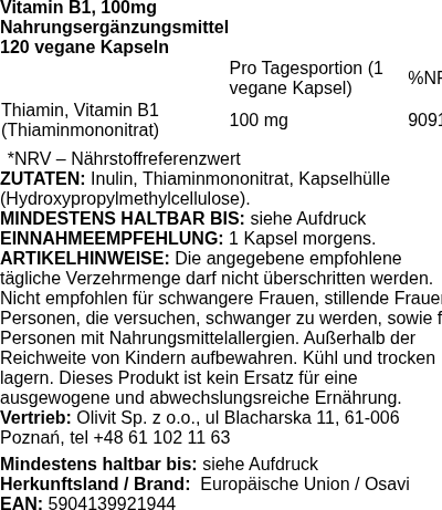 Produktetikett — Vitamin B1, 100mg - 120 vegan caps