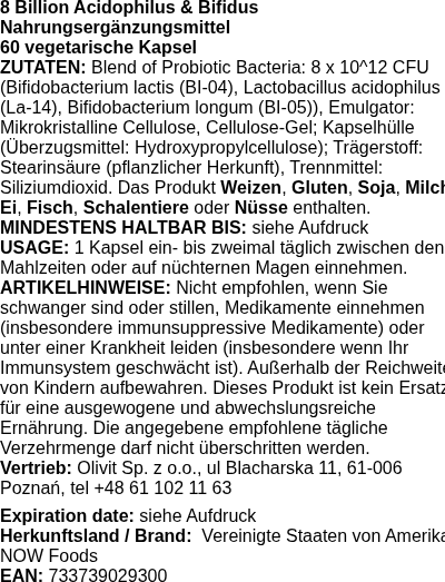 Produktetikett — 8 Billion Acidophilus & Bifidus - 60 vcaps
