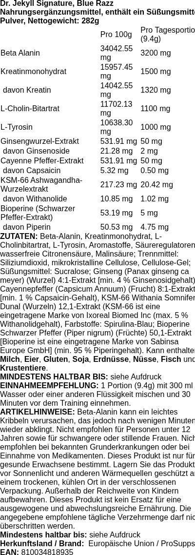 Produktetikett — Dr. Jekyll Signature, Blue Razz - 282 grams