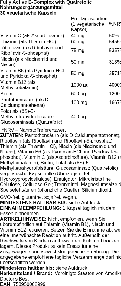 Produktetikett — Fully Active B-Complex with Quatrefolic - 30 vcaps