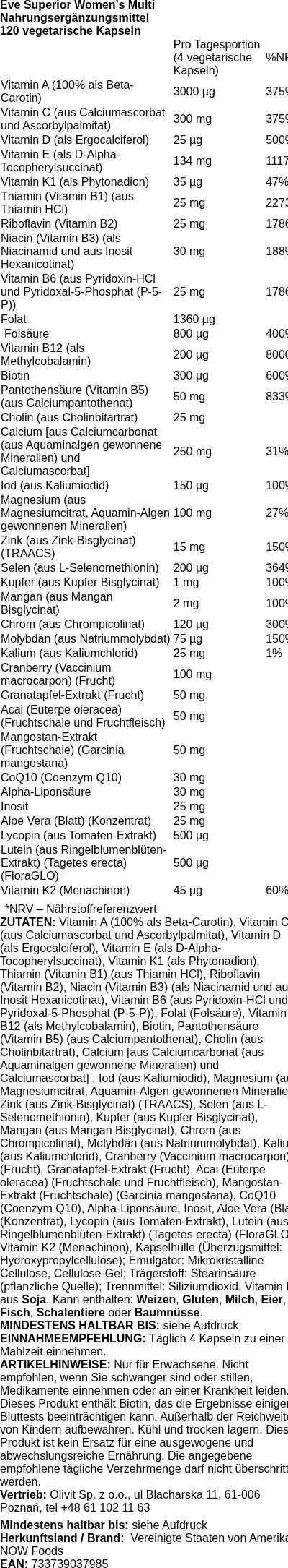 Produktetikett — Eve Superior Women's Multi - 120 vcaps