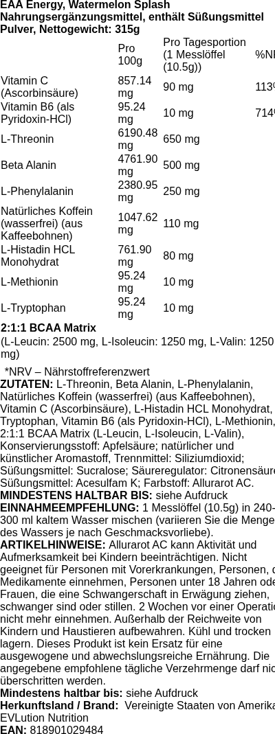 Produktetikett — EAA Energy, Watermelon Splash - 315 grams