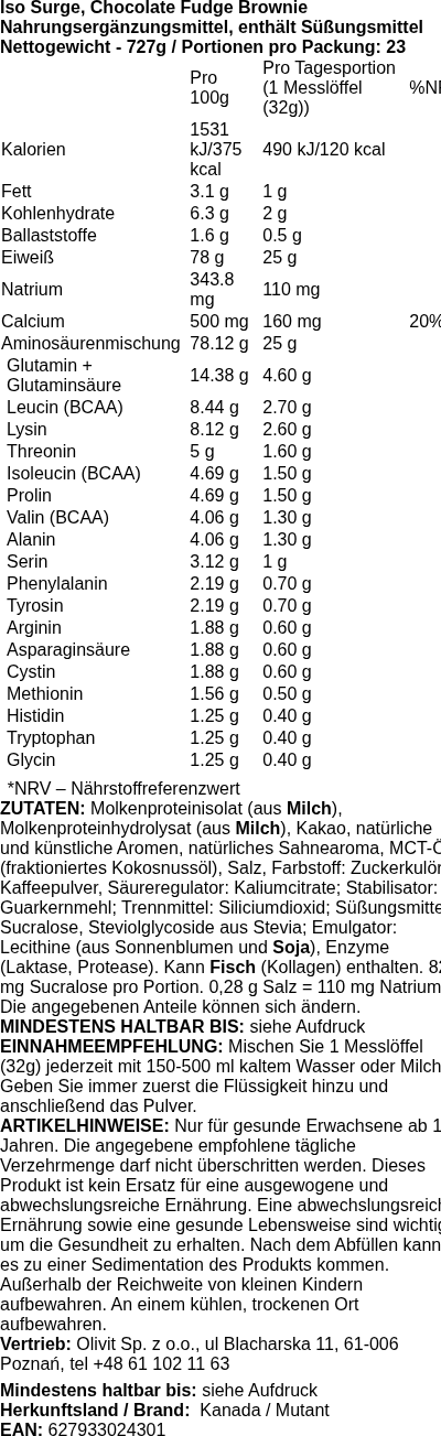 Produktetikett — Iso Surge, Chocolate Fudge Brownie - 727 grams