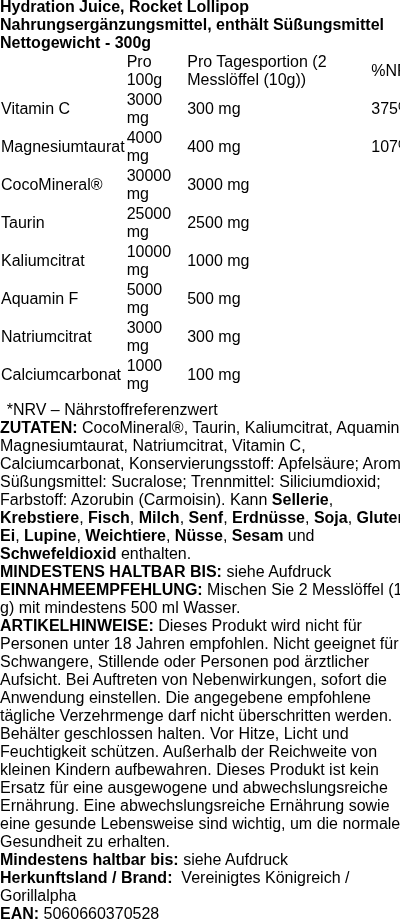 Produktetikett — Hydration Juice, Rocket Lollipop - 300 grams