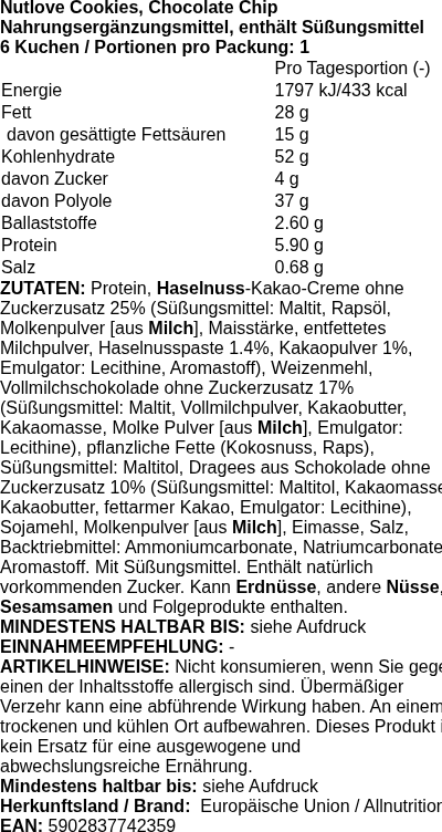 Produktetikett — Nutlove Cookies, Chocolate Chip - 6 cookies