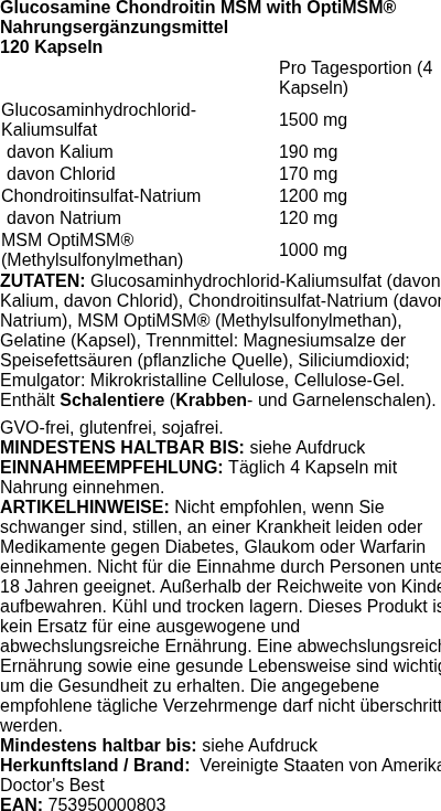 Produktetikett — Glucosamine Chondroitin MSM with OptiMSM - 120 caps