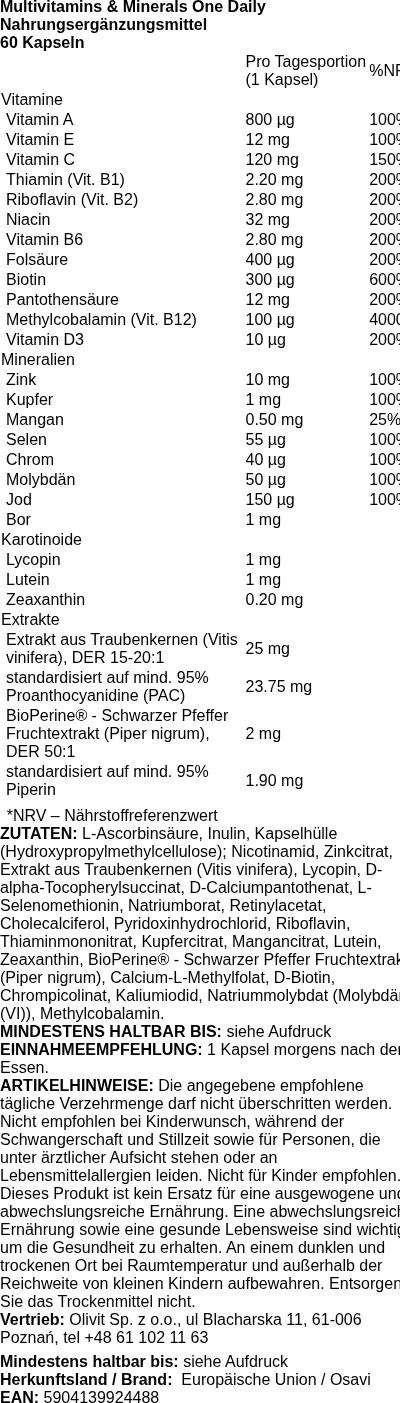 Produktetikett — Multivitamins & Minerals One Daily - 60 caps