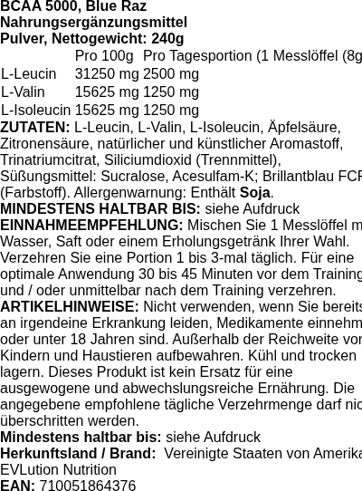Produktetikett — BCAA 5000, Blue Raz - 240 grams