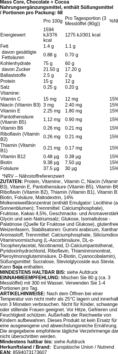 Produktetikett — Mass Core, Chocolate + Cocoa - 5440 grams