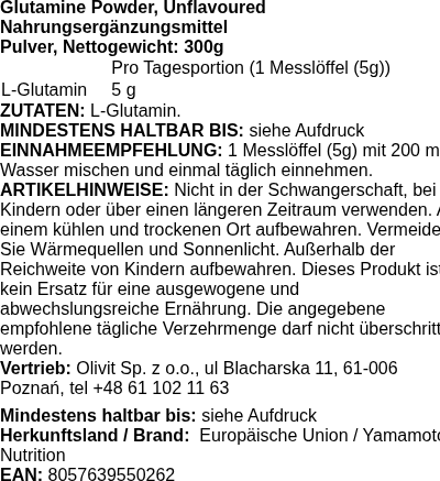 Produktetikett — Glutamine Powder, Unflavoured - 300 grams