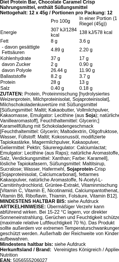 Produktetikett — Diet Protein Bar, Chocolate Caramel Crisp - 12 x 45g