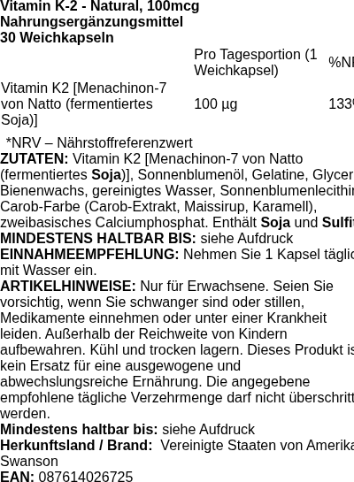 Produktetikett — Vitamin K-2 - Natural, 100mcg - 30 softgels