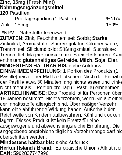Produktetikett — Zinc, 15mg (Fresh Mint) - 120 pastilles