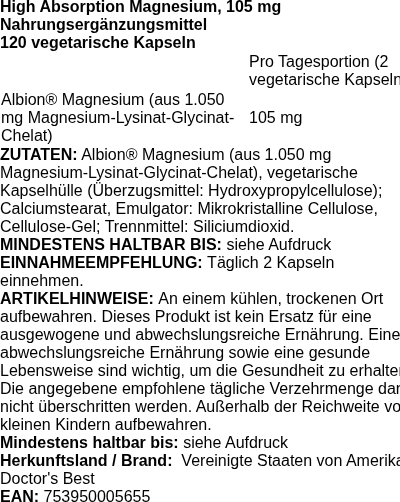 Produktetikett — High Absorption Magnesium, 105mg - 120 vcaps