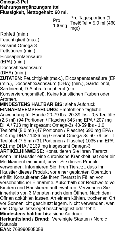 Produktetikett — Omega-3 Pet - 60 ml.
