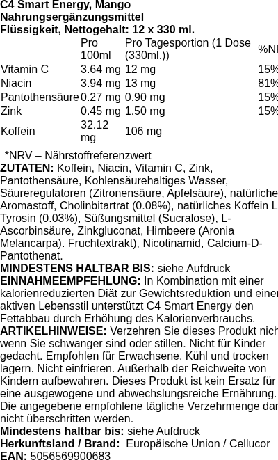 Produktetikett — C4 Smart Energy, Mango - 12 x 330 ml.