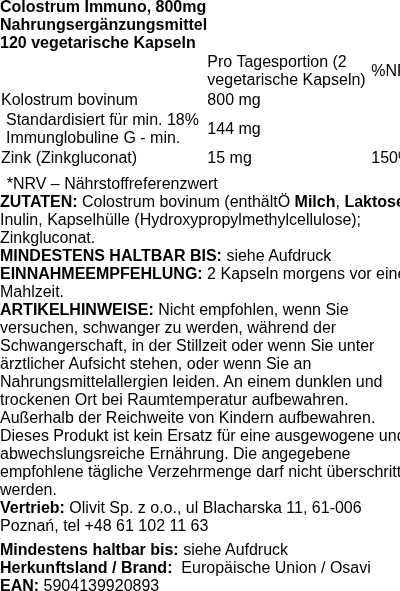 Produktetikett — Colostrum Immuno, 800mg - 120 caps