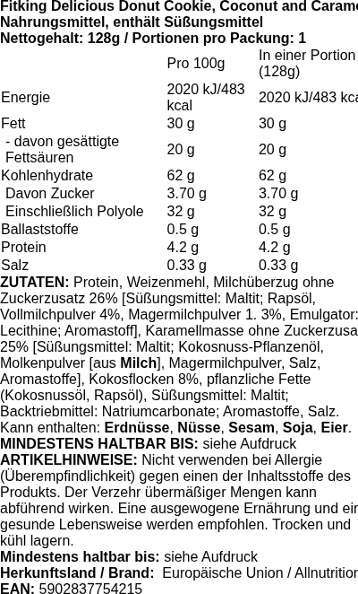 Produktetikett — Fitking Delicious Donut Cookie, Coconut and Caramel - 128 grams