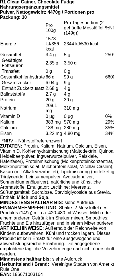 Produktetikett — R1 Clean Gainer, Chocolate Fudge - 4470 grams