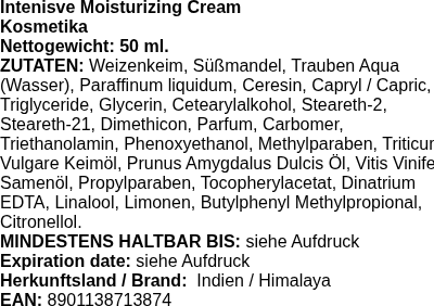 Produktetikett — Intensive Moisturizing Cream - 50 ml.