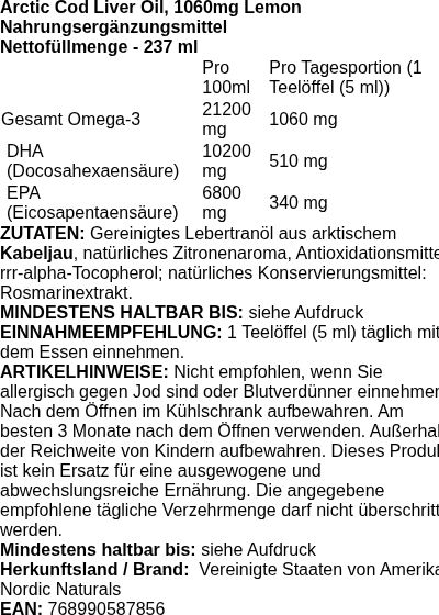 Produktetikett — Arctic Cod Liver Oil, 1060mg Lemon - 237 ml.