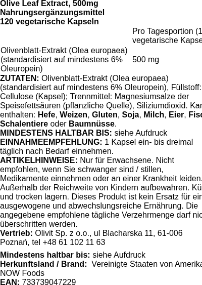 Produktetikett — Olive Leaf Extract, 500mg - 120 vcaps