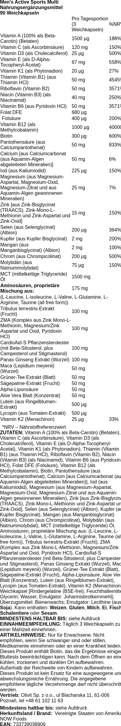Produktetikett — Men's Active Sports Multi - 90 softgels