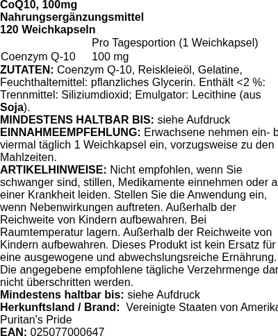 Produktetikett — CoQ10, 100mg - 120 softgels
