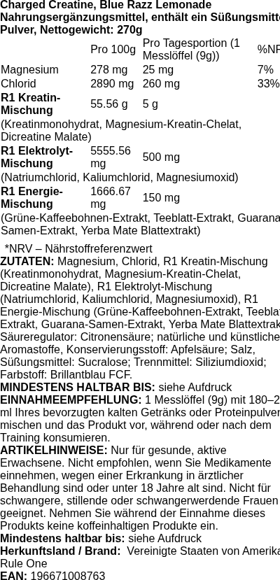 Produktetikett — Charged Creatine, Blue Razz Lemonade - 270 grams
