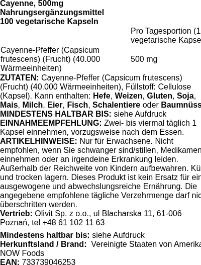 Produktetikett — Cayenne, 500mg - 100 vcaps