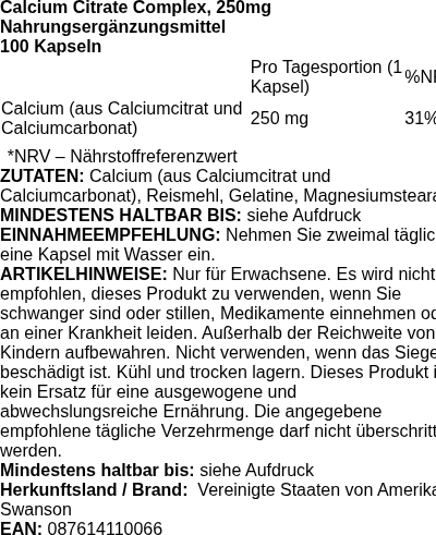Produktetikett — Calcium Citrate Complex, 250mg - 100 caps