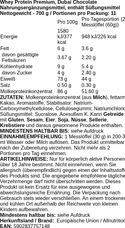 Produktetikett — Whey Protein Premium, Dubai Chocolate - 700 grams
