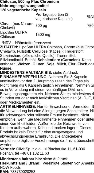 Produktetikett — Chitosan, 500mg Plus Chromium - 120 vcaps