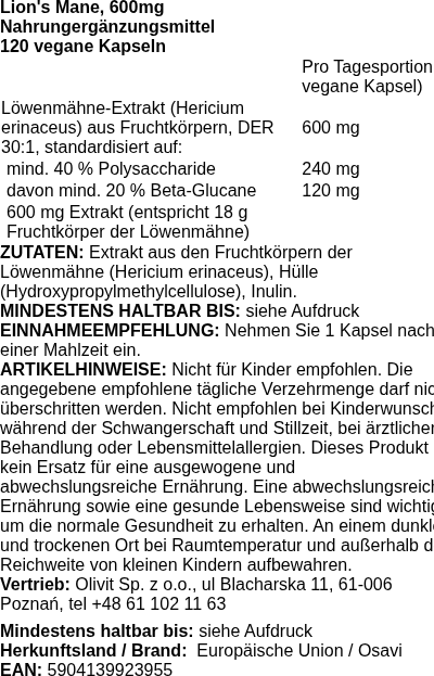 Produktetikett — Lion's Mane, 600mg - 120 vegan caps