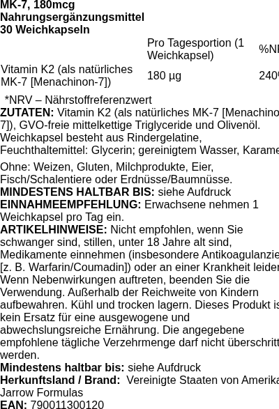 Produktetikett — MK-7, 180mcg - 30 softgels