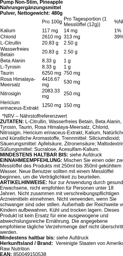Produktetikett — Pump Non-Stim, Pineapple - 480 grams