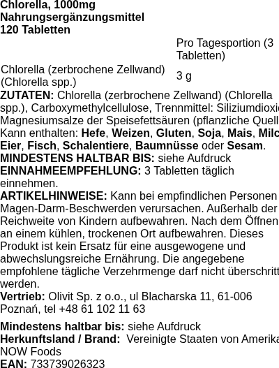 Produktetikett — Chlorella, 1000mg - 120 tablets