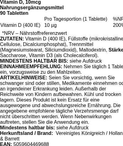 Produktetikett — Vitamin D, 10mcg - 90 tablets