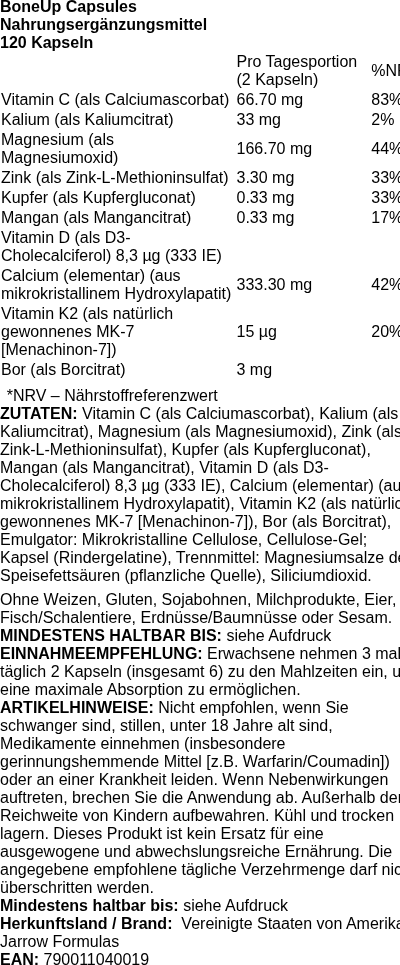 Produktetikett — BoneUp Capsules - 120 caps