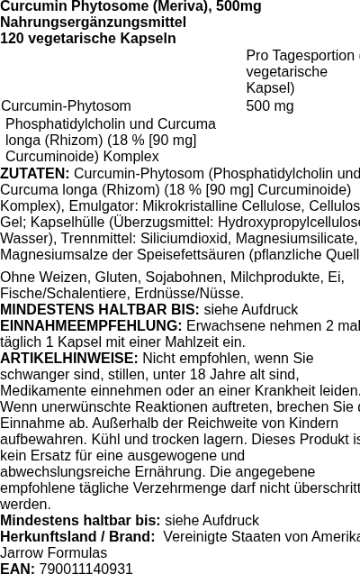 Produktetikett — Curcumin Phytosome (Meriva), 500mg - 120 vcaps