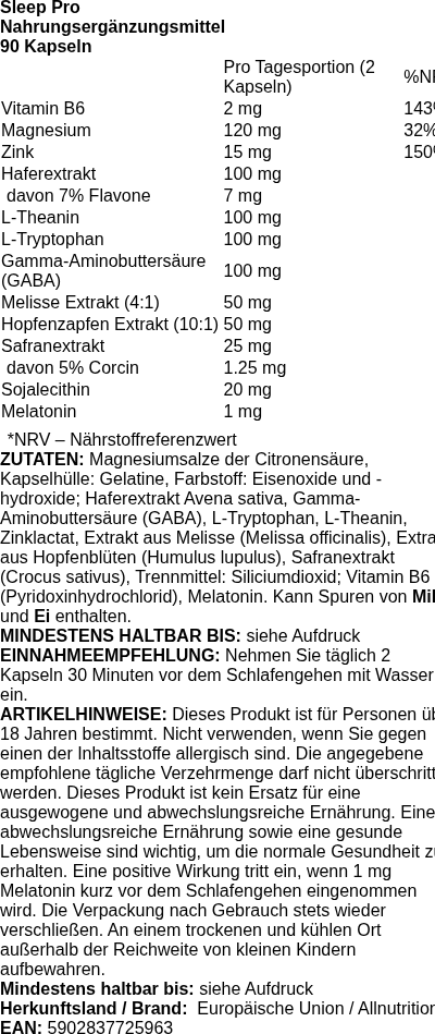 Produktetikett — Sleep Pro - 90 caps (EAN 5902837725963)