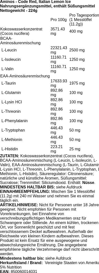 Produktetikett — Aminos - Code Red, Italian Lemon Ice - 224 grams