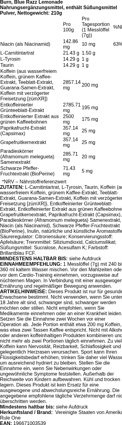 Produktetikett — Burn, Blue Razz Lemonade - 210 grams