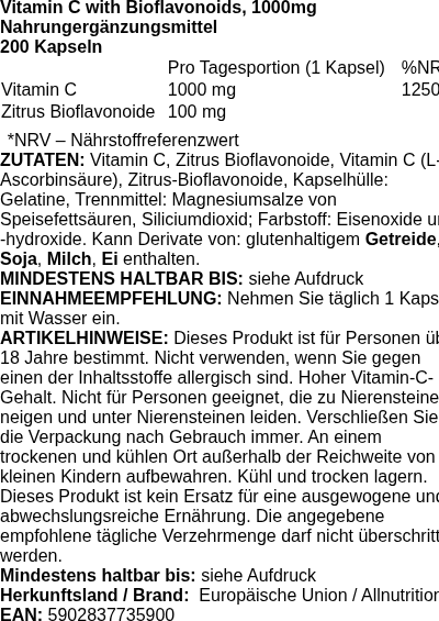 Produktetikett — Vitamin C with Bioflavonoids, 1000mg - 200 caps