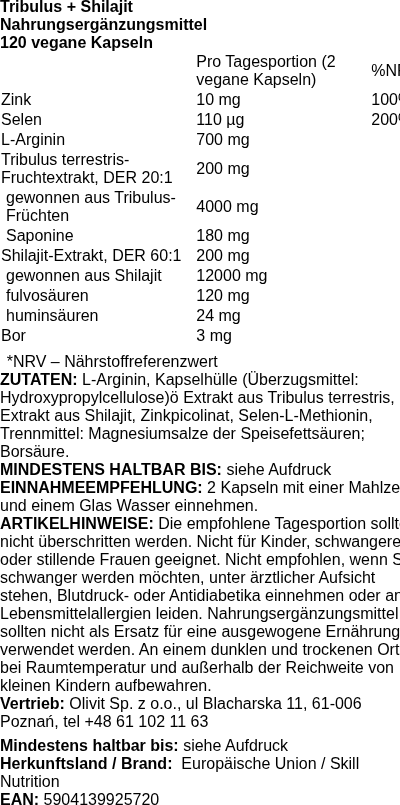 Produktetikett — Tribulus + Shilajit - 120 vegan caps