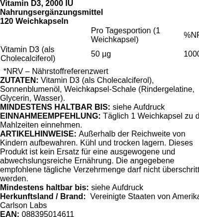 Produktetikett — Vitamin D3, 2000 IU - 120 softgels