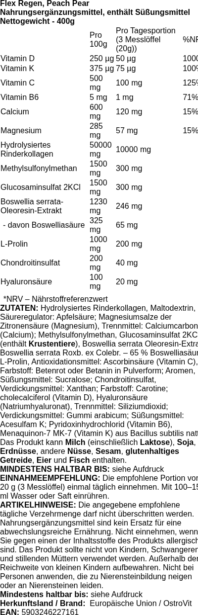 Produktetikett — Flex Regen, Peach Pear - 400 grams