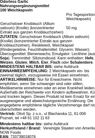 Produktetikett — Odorless Garlic - 100 softgels